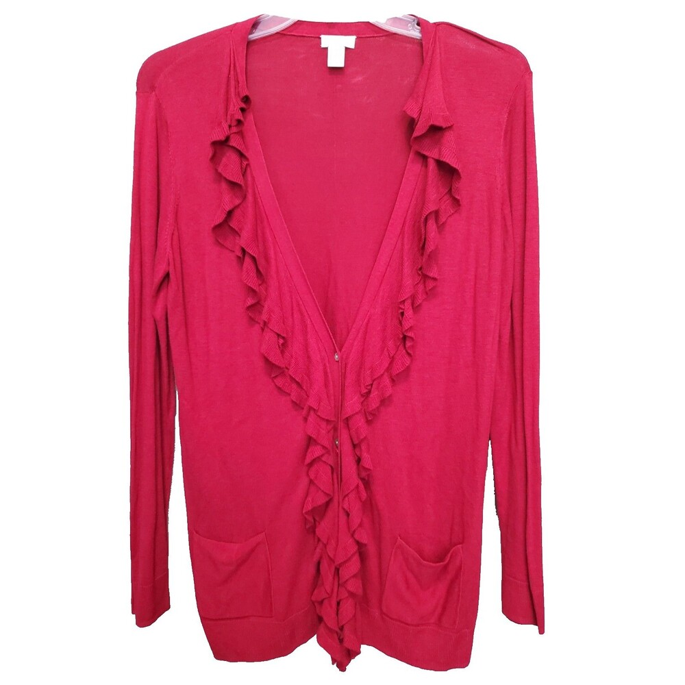 Chico's Rayon/Cotton Blend Red Ruffle Button-Up Cardigan w/Pockets Size 2 Large